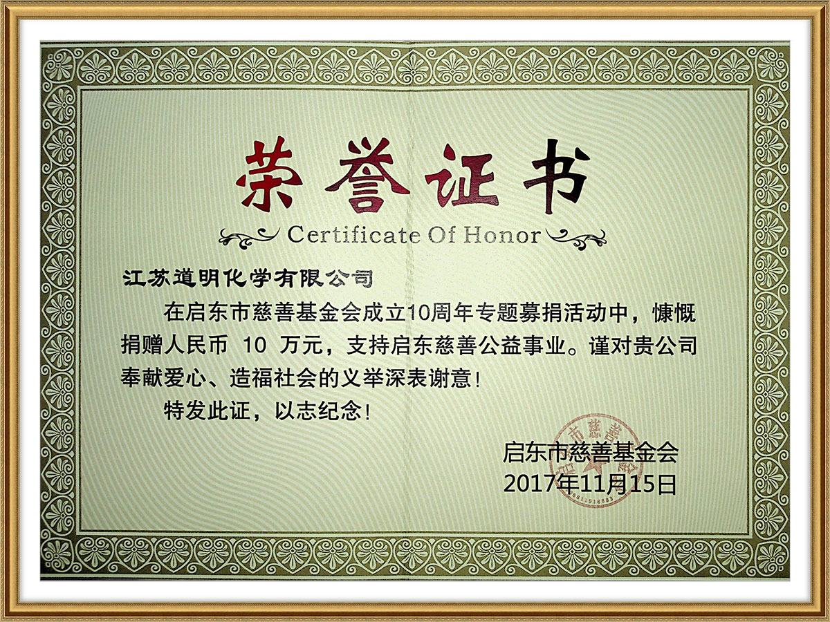 Honorary certificate of Qidong Charity Foundation 
